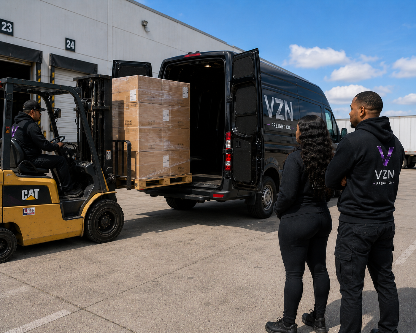 Forklift loading VZN Freight Co. cargo
